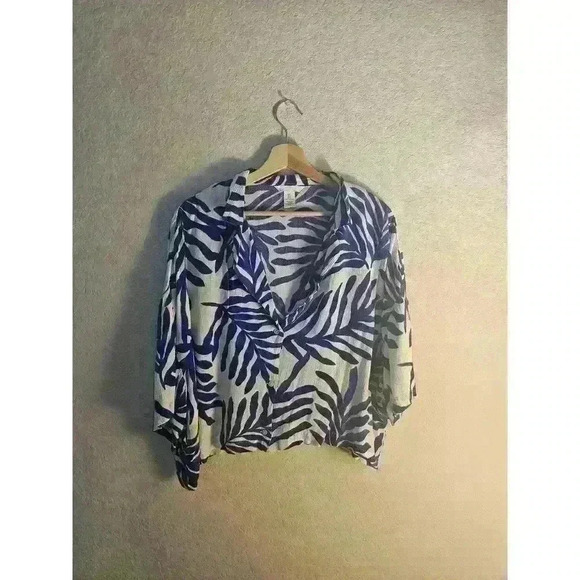 Royal blue print button down blouse - Picture 1 of 3